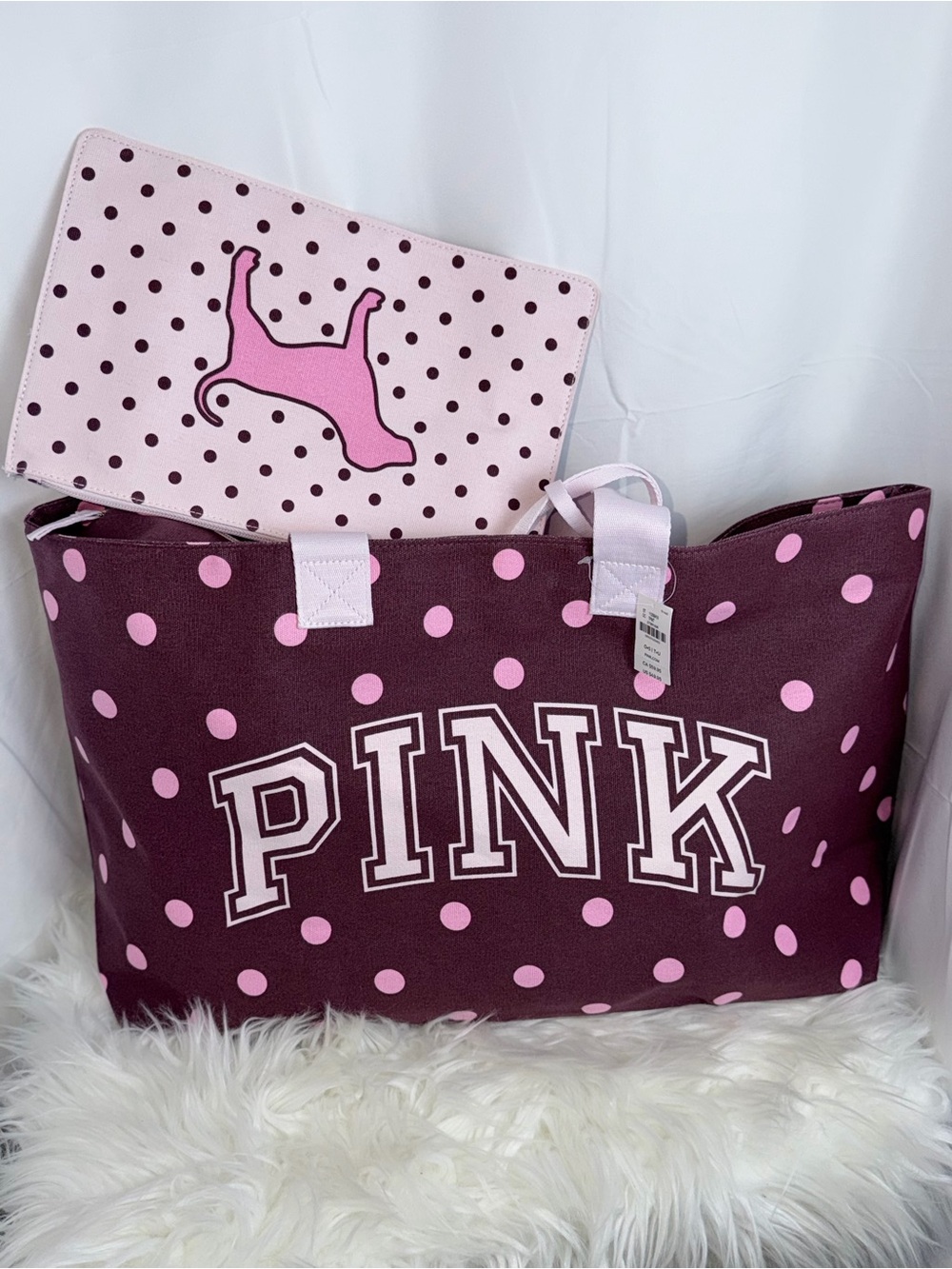PINK Victoria's Secret Maroon Tote with Light Pink Polka Dots